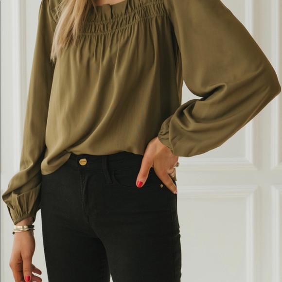 Olive Green Ruffle Neck Blouse Fashion Jackson Square Neck Small NWOT - Picture 2 of 2